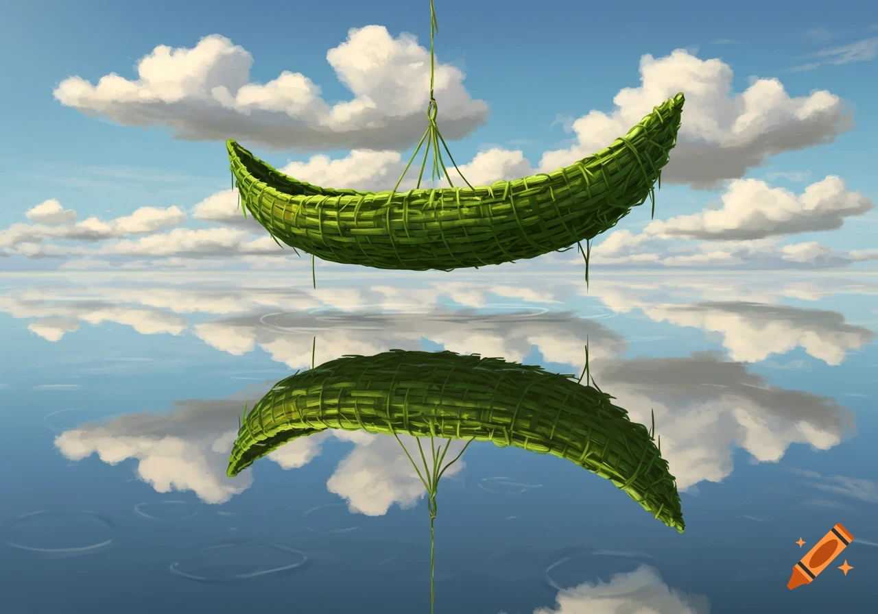 A woven green boat-like object floats above a calm body of water, reflecting the object and a cloudy blue sky.