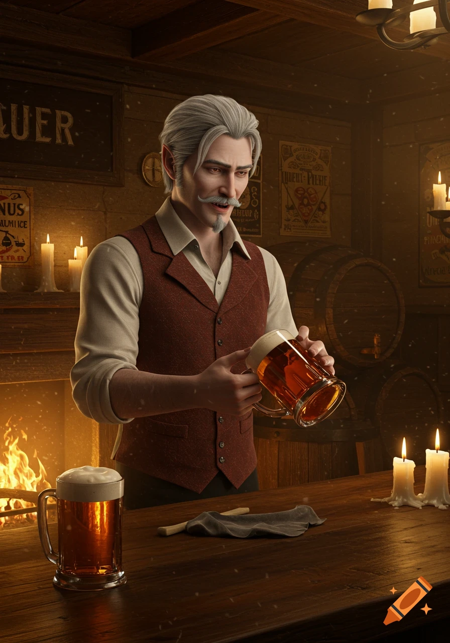 A grey-haired vampire tavern keeper with a mustache and goatee cleans an ale mug in a dimly lit, rustic bar by a fire.