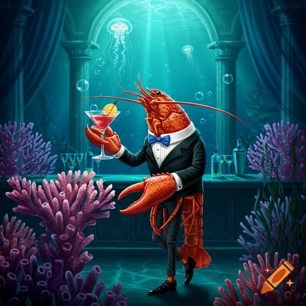 A dapper lobster in a suit sips a cocktail at an underwater bar, surrounded by colorful coral and jellyfish.
