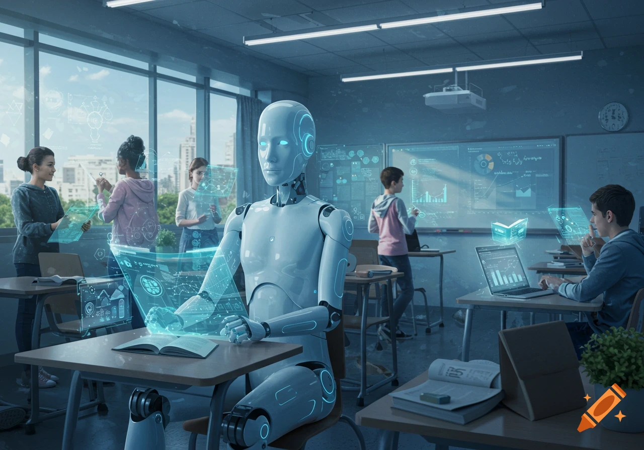 A robot and students in a modern classroom interact with holographic displays and computers, showcasing AI in education.