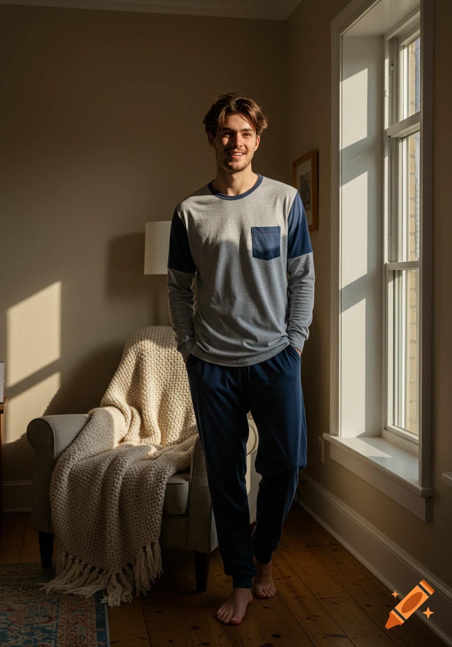 A young man with brown hair and a chopped beard stands in pajamas in a cozy, sunlit room, smiling at the camera.