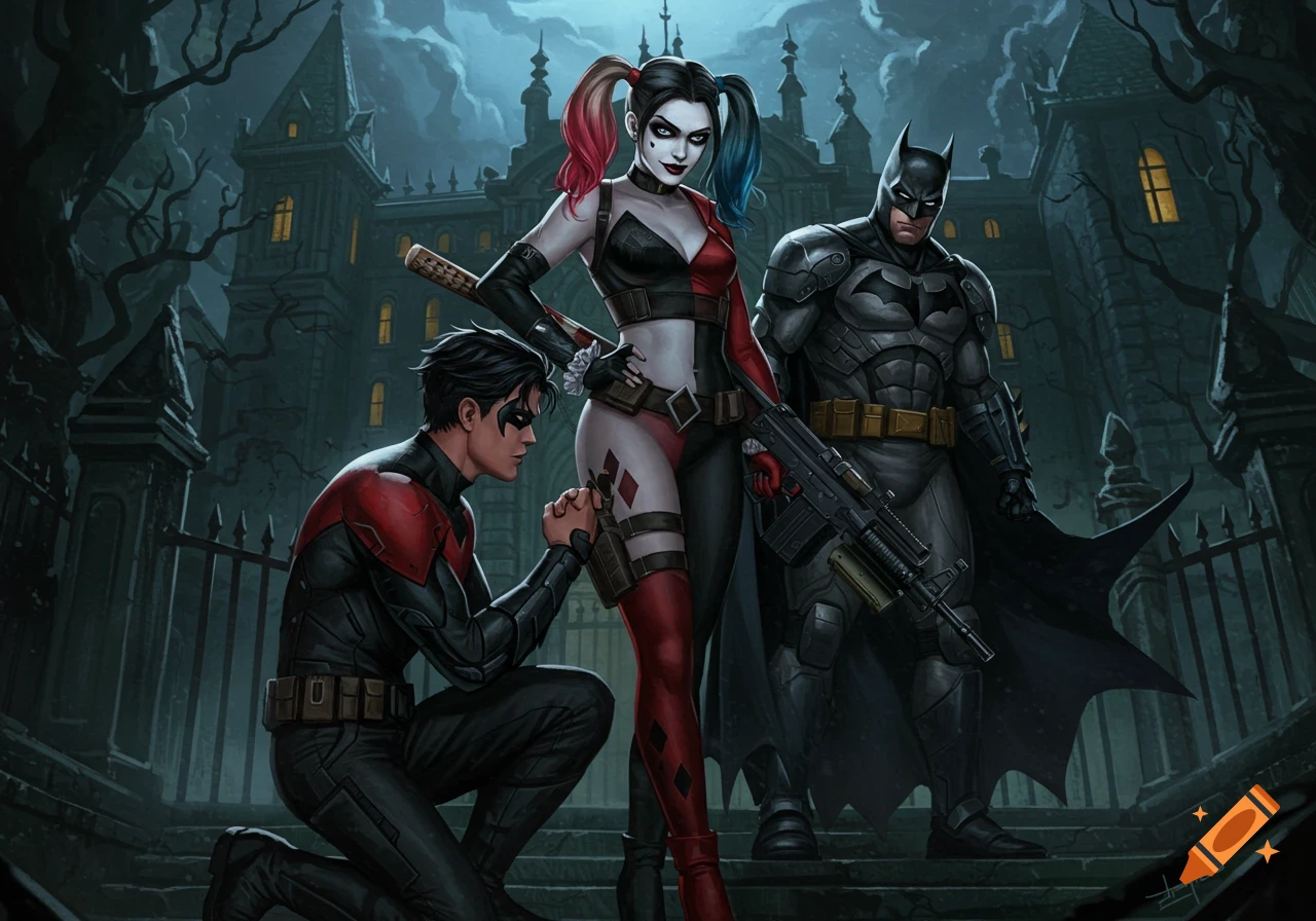 Harley Quinn stands over a kneeling Nightwing, with an armored Batman standing behind them outside a gothic mansion at night. Comic art style.