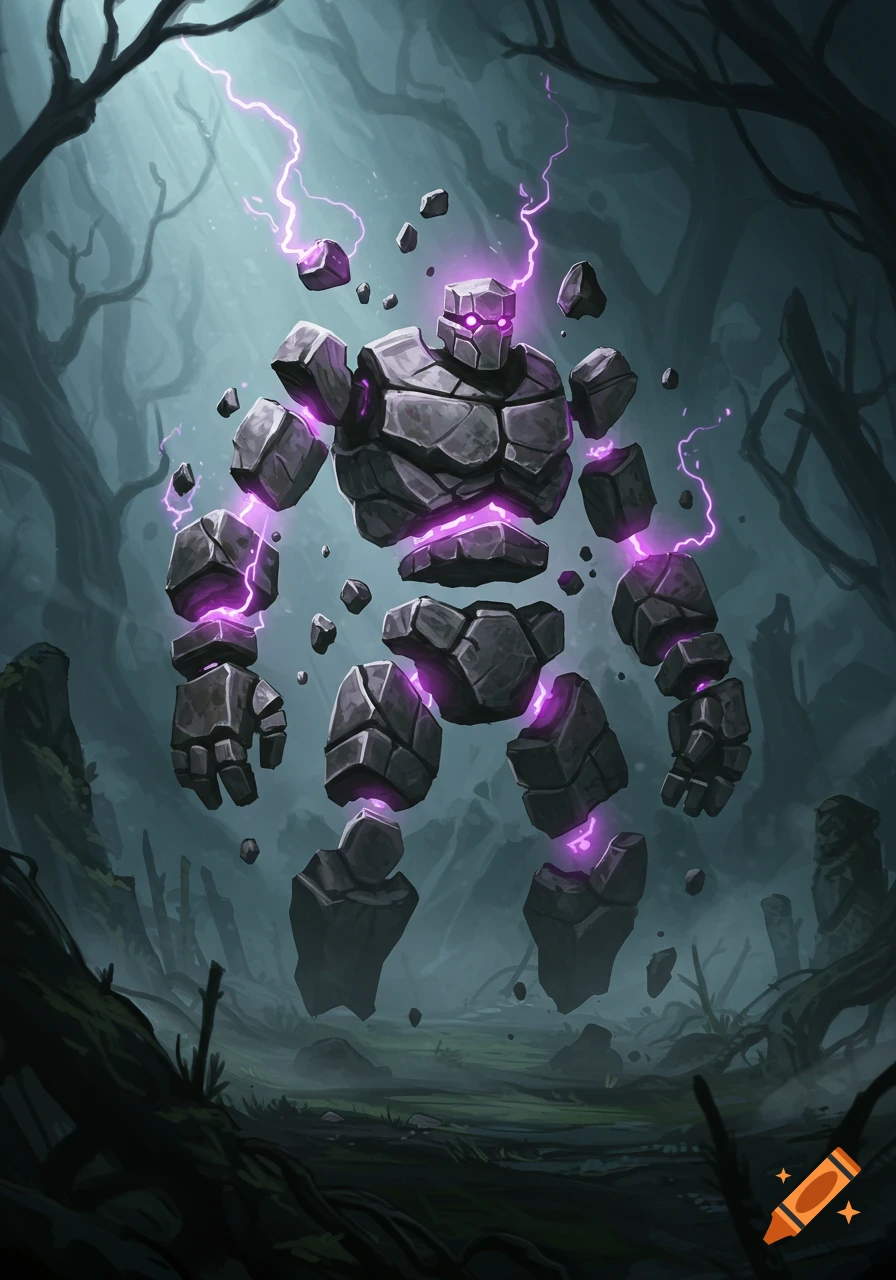 A floating stone golem glows with purple energy amidst a dark, misty forest, digital art.