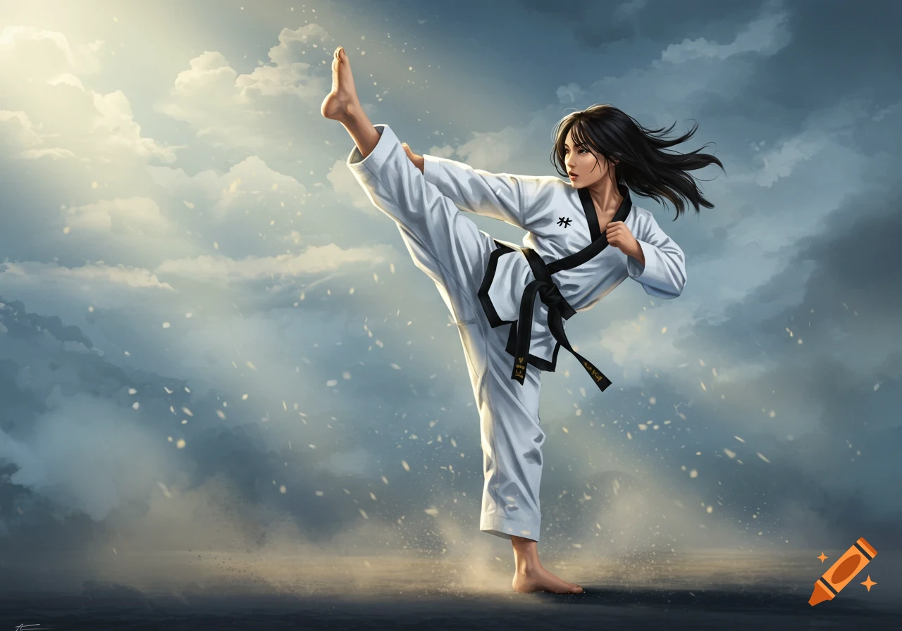 A stylized illustration of a woman in a white taekwondo gi with a black belt, performing a high kick against a dramatic cloudy sky background with glowing particles.