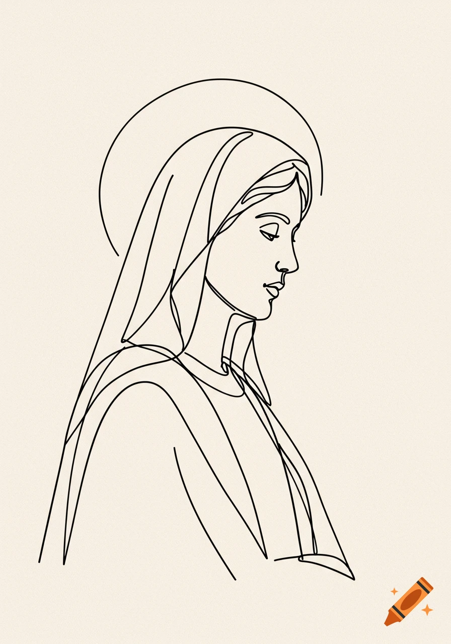 Minimalist line art drawing of the Virgin Mary in profile with a halo.