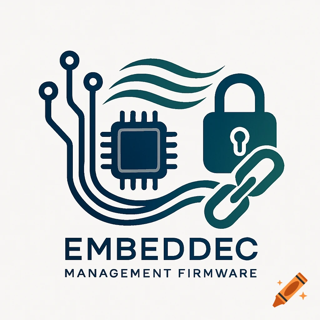 Logo with stylized circuit board, CPU, padlock, and chain link, with text 'EMBEDDEC MANAGEMENT FIRMWARE'.