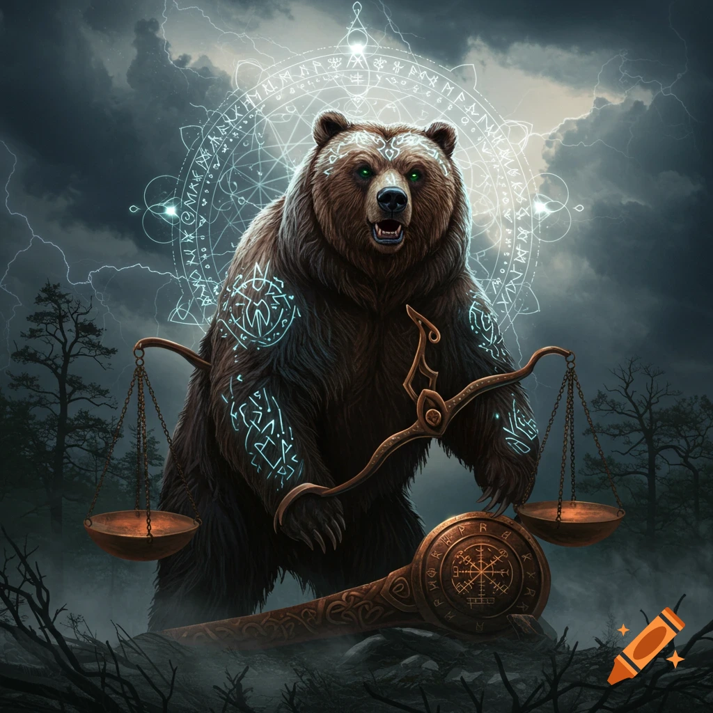 A majestic brown bear with glowing green eyes and glowing runic markings stands under stormy skies, flanked by ancient scales, with a sacred geometry halo.