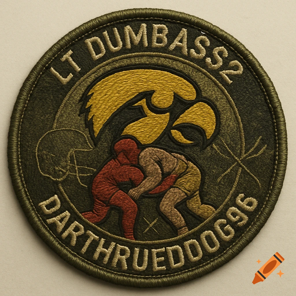 A circular olive drab embroidered military-style patch featuring two wrestlers grappling below a golden hawk head. Text reads "LT DUMBASS2" and "DARTHRUEODOG96".