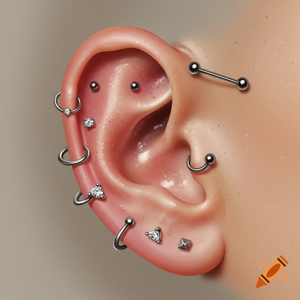 Close-up of a human ear adorned with various silver piercings, including studs, rings, and a barbell, some featuring clear gemstones.