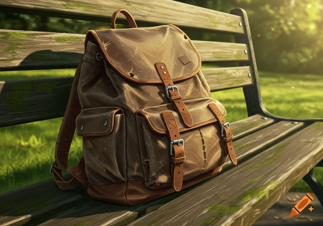 A worn, brown backpack with leather straps sits on a mossy wooden park bench in a stylized illustration.