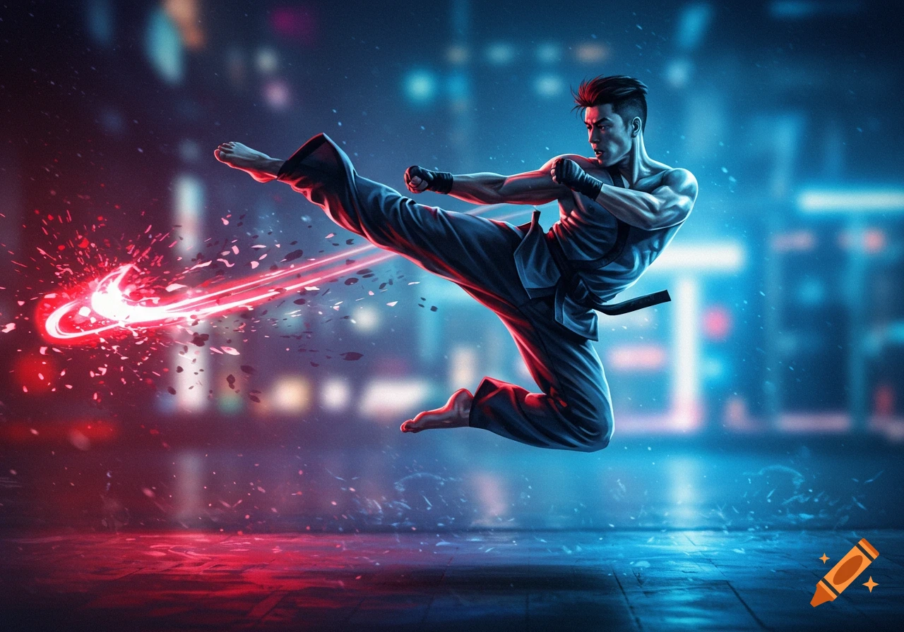 Male martial artist in a gi performs a flying kick with a glowing red swoosh effect against a neon-lit city.