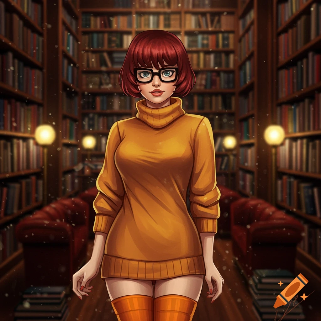 Velma in an orange sweater and thigh-high socks, wearing glasses, standing in a snowy library. Cartoon style.