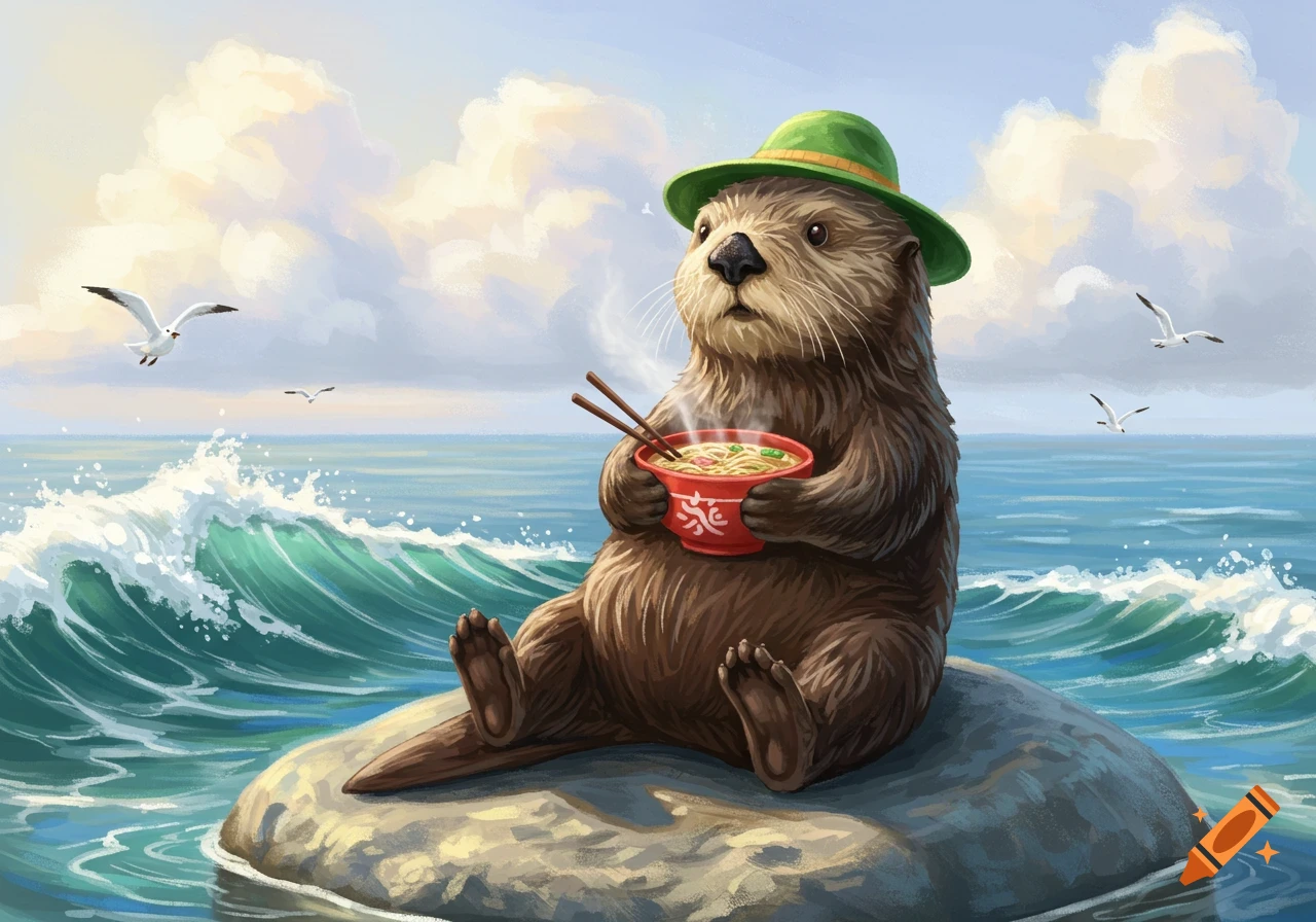 An illustrated sea otter in a green hat sits on a rock in the ocean, holding a red bowl of steaming noodle soup with chopsticks. Seagulls fly nearby.