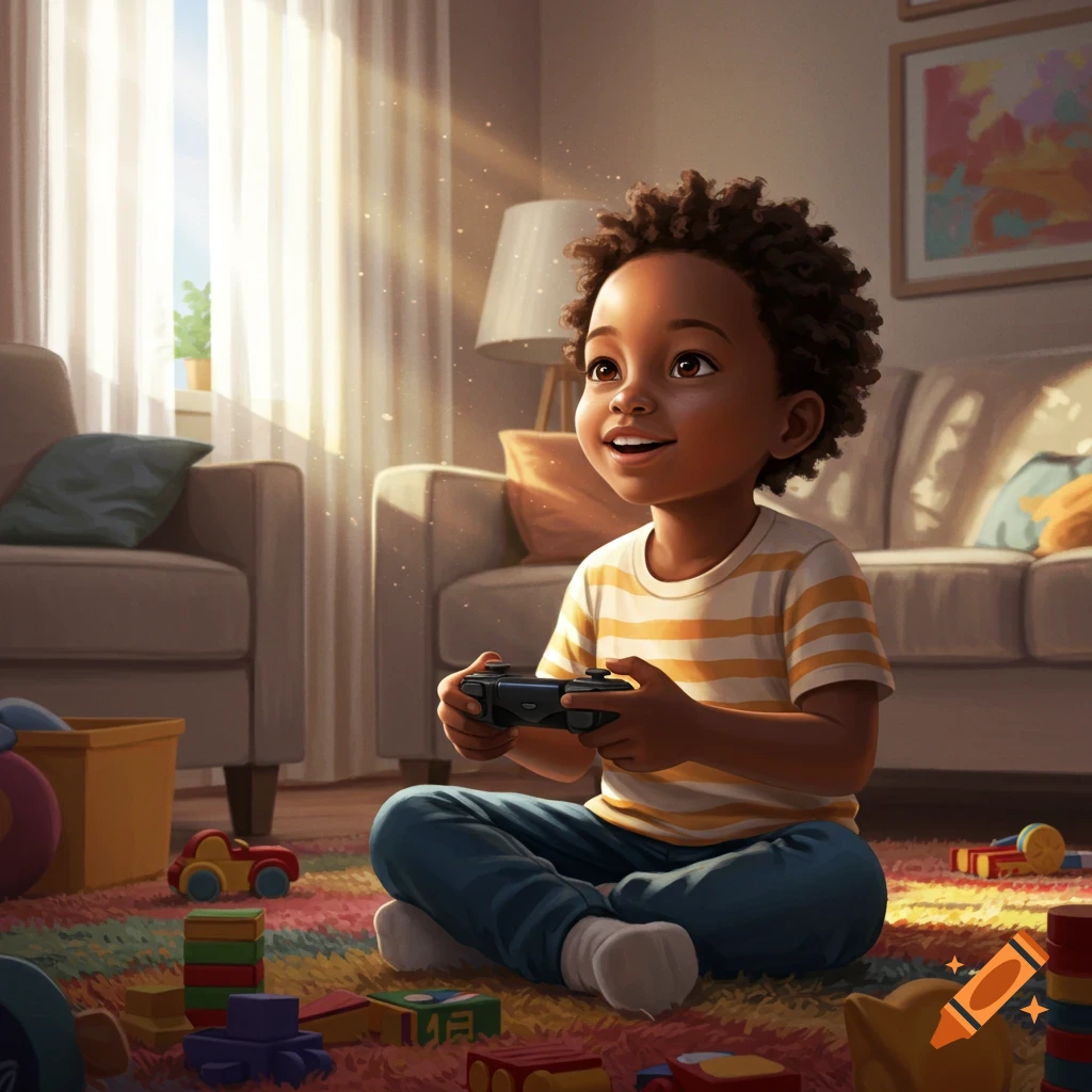 A young Black boy with curly hair smiles while sitting on a colorful rug, playing video games with a controller in a sunlit living room with toys.