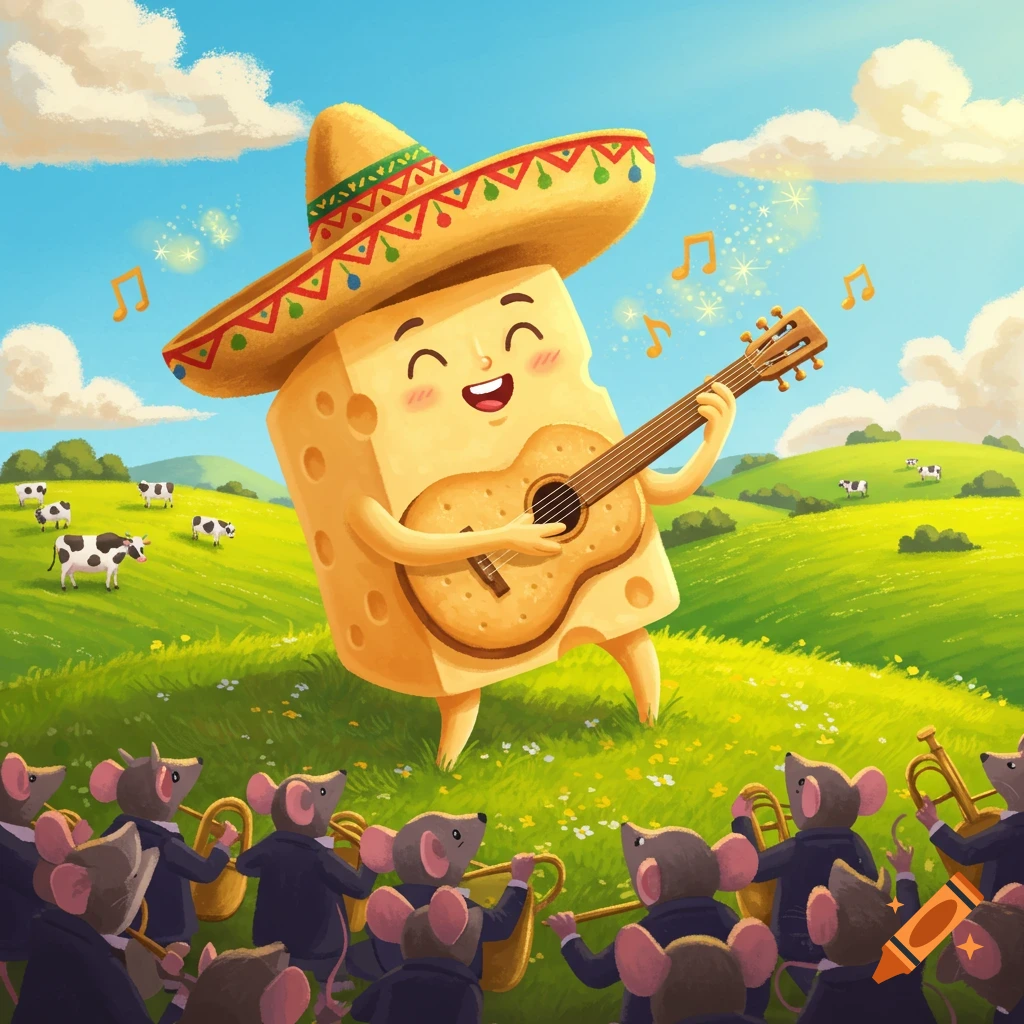 A whimsical cartoon cheese character in a sombrero plays a guitar and sings joyfully in a sunny green field with cows, while a band of mice play brass instruments.