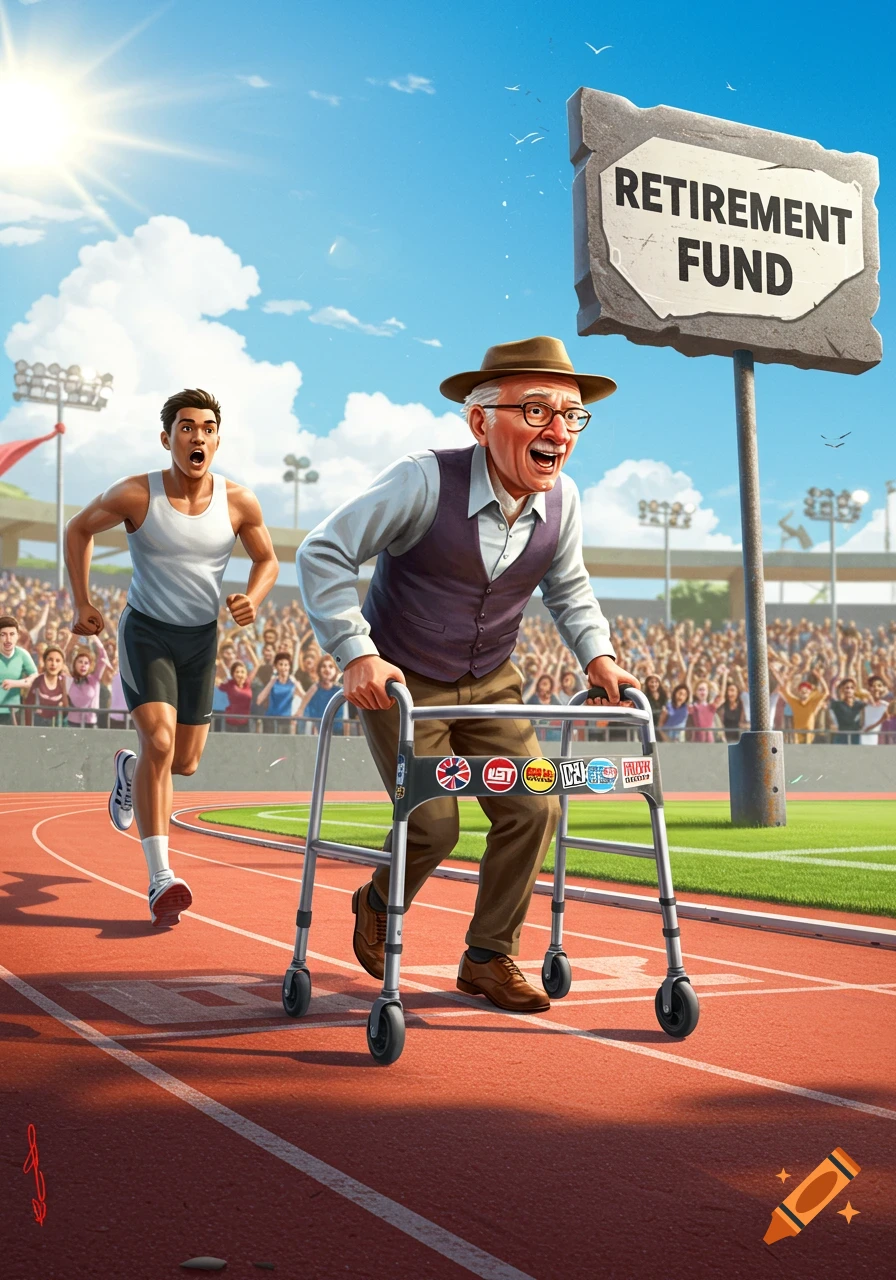 An old man using a walker races a young athlete on a track, with a large 'RETIREMENT FUND' sign as the finish line.