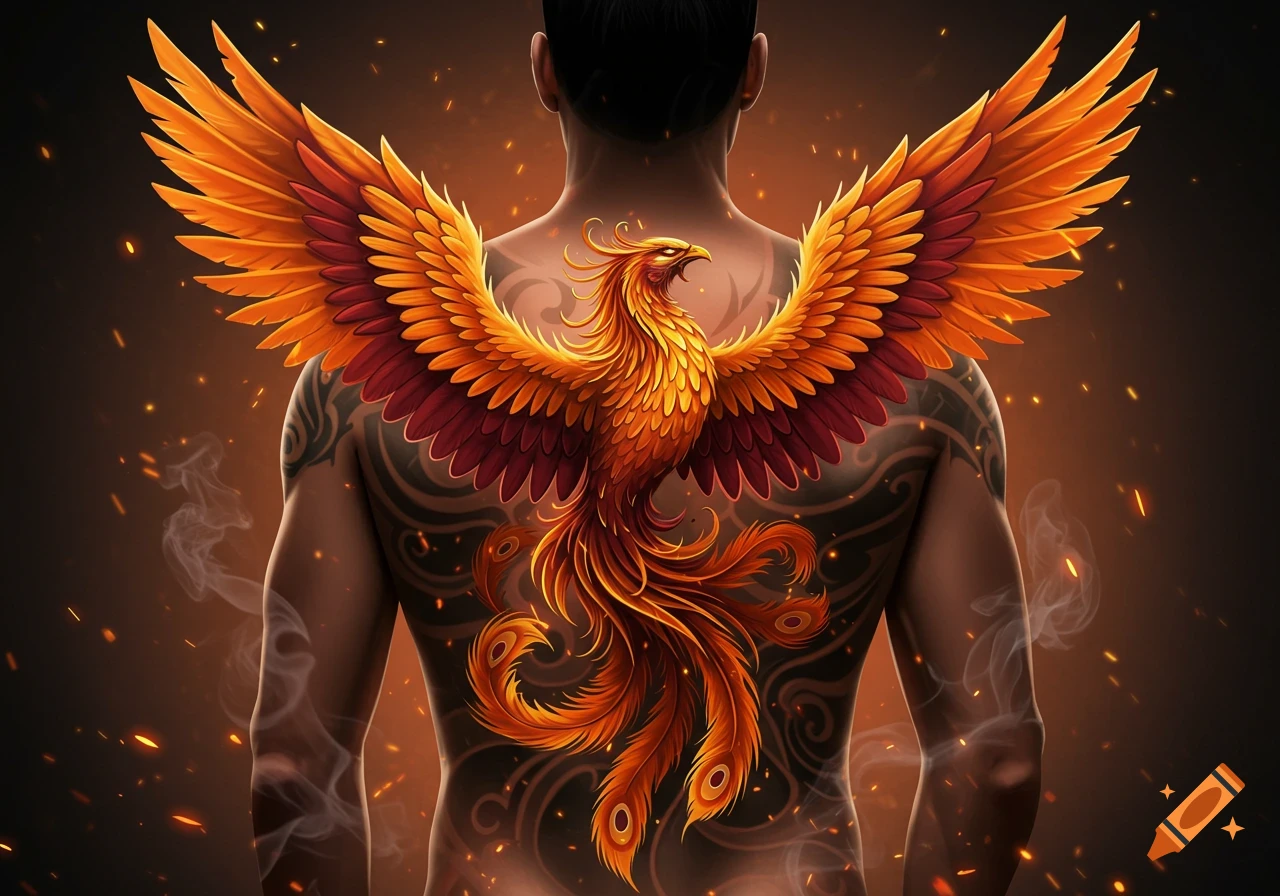 A person's back featuring a vibrant orange and red phoenix tattoo with wings spread, surrounded by tribal patterns and glowing embers.