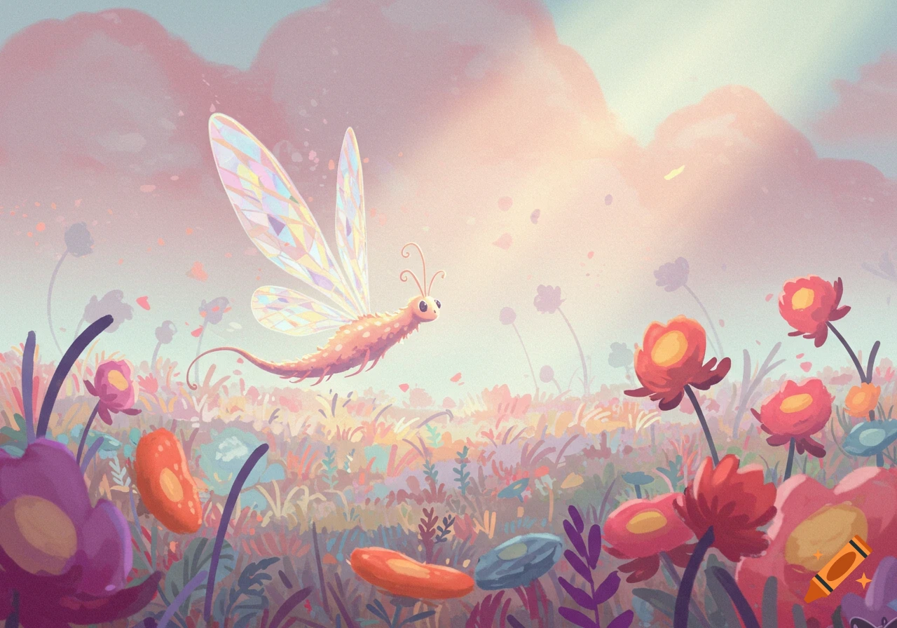 A whimsical insect with iridescent wings flies over a colorful field of stylized flowers under a dreamy, pink-hued sky.