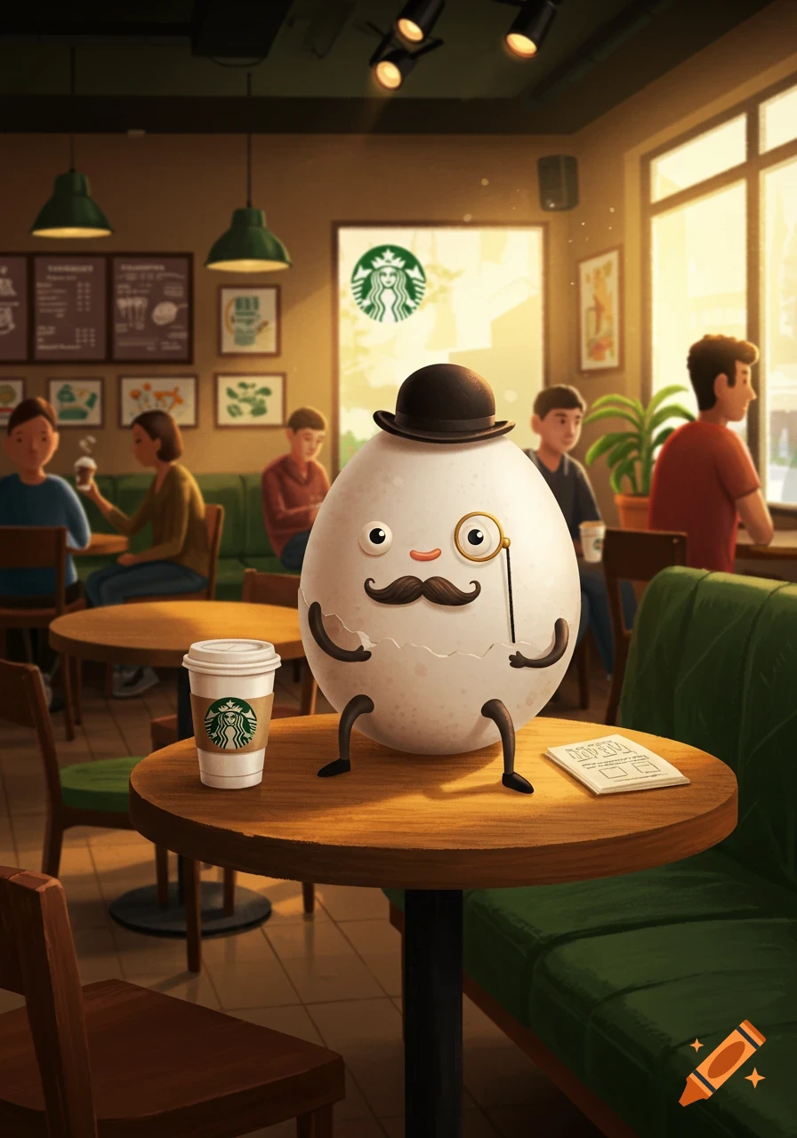 A charming cartoon egg character with a top hat, mustache, and monocle sits at a wooden table in a Starbucks cafe with a coffee cup, surrounded by other customers.