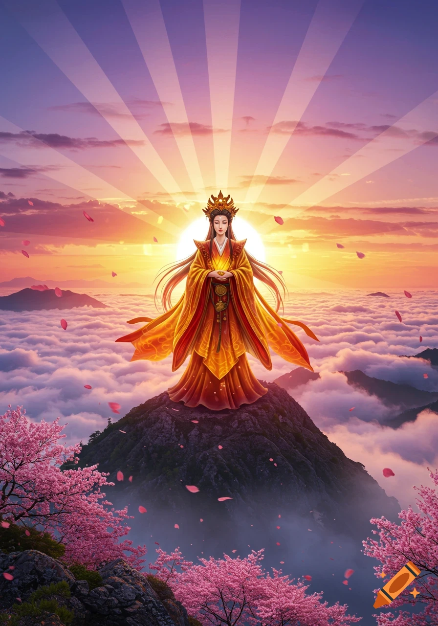 Regal woman in golden robes stands on a mountain above clouds, bathed in sunrise, with falling cherry blossoms.