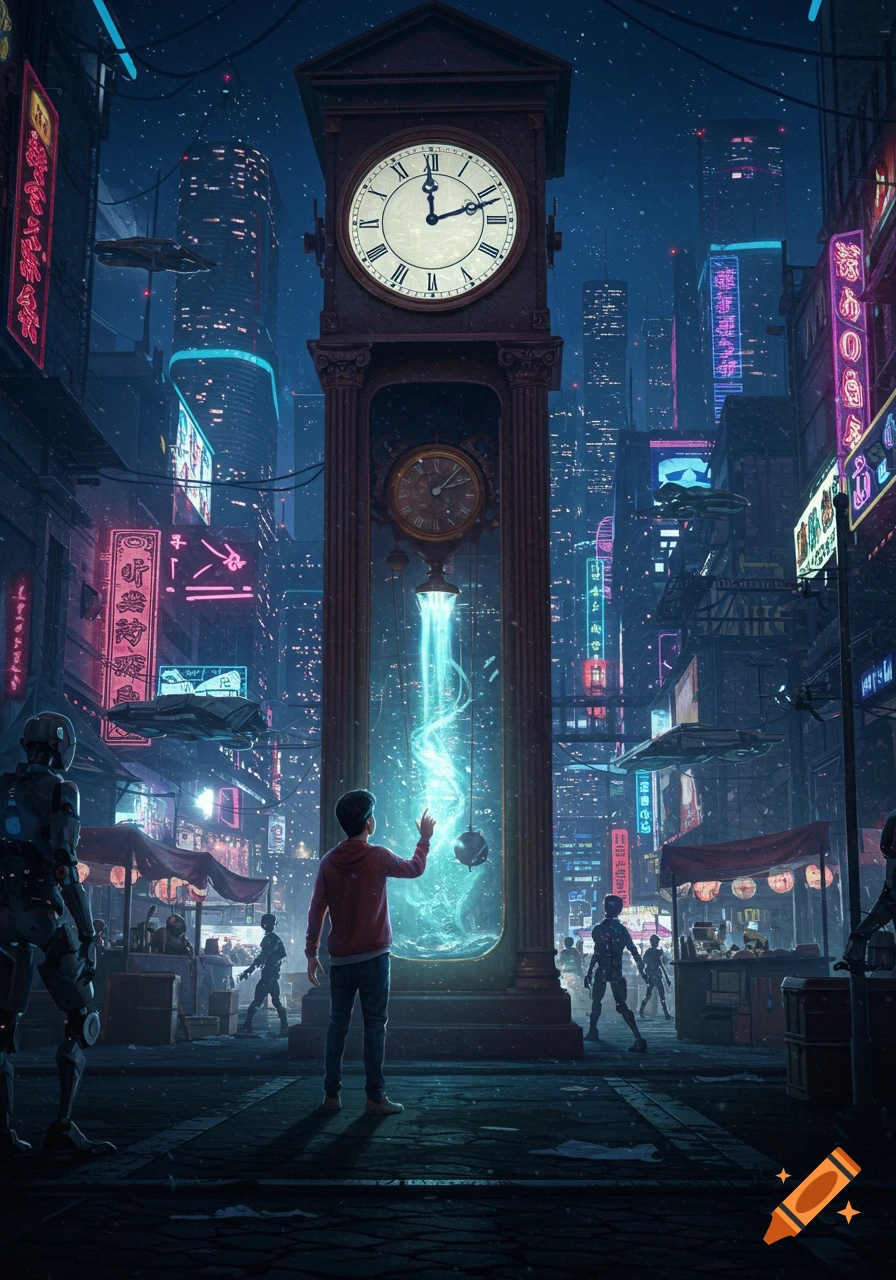 A person reaches towards a glowing energy beam from a large clock in a dark, neon-lit cyberpunk city with robots.