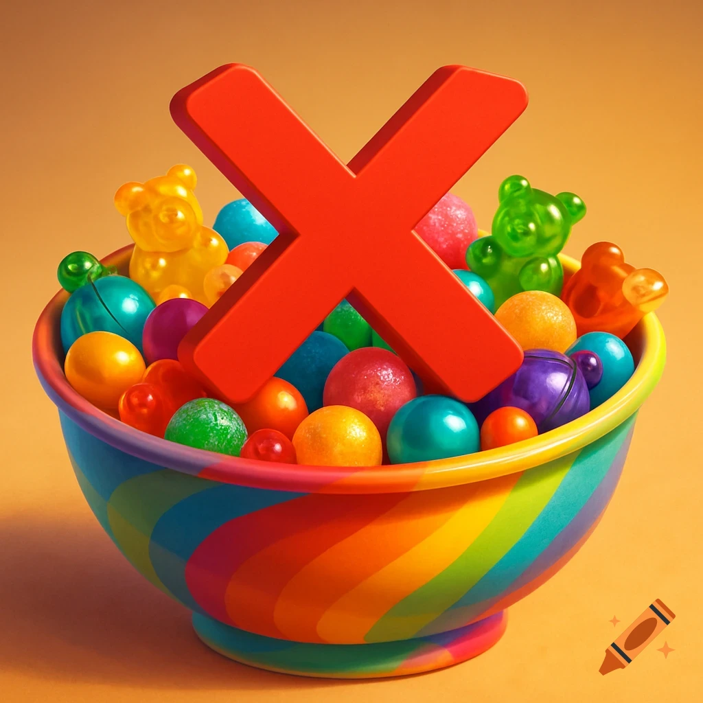 A colorful bowl filled with various candies and gummy bears, featuring a large red 'X' symbol over the contents.