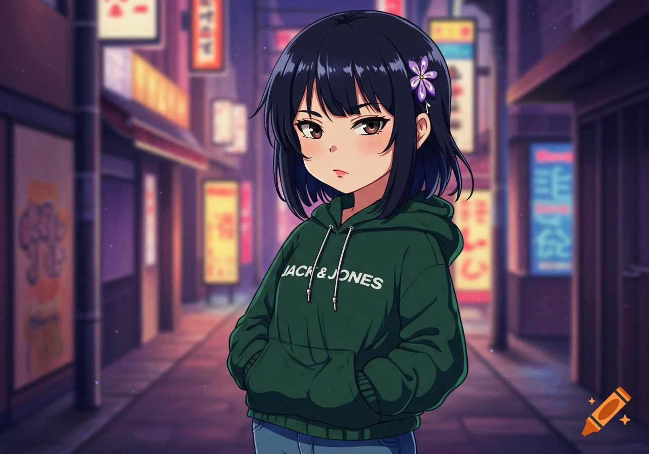 An anime girl with black hair and a purple flower clip wears a dark green 'JACK & JONES' hoodie and jeans on a city street.