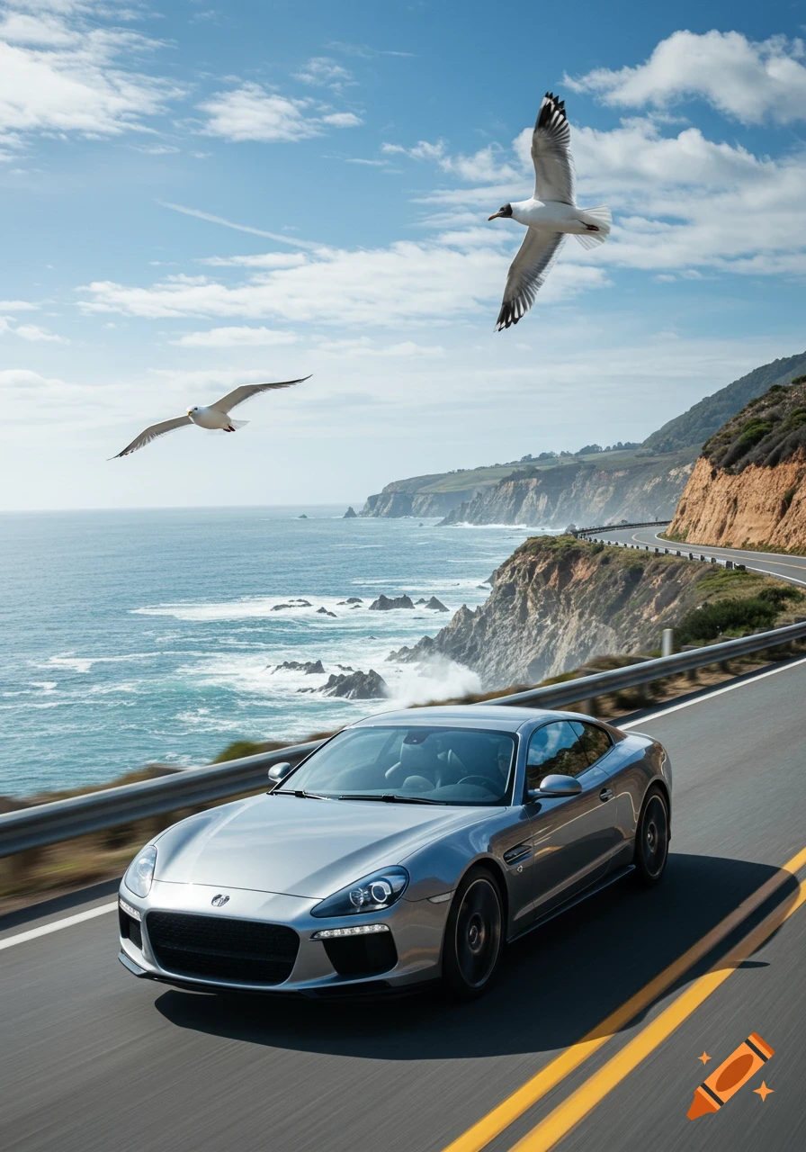 A silver sports car on a winding coastal road by the ocean under a blue sky, with two seagulls flying.