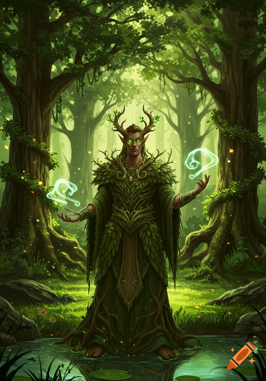 A male elf druid in green leaf robes, with antlers and glowing eyes, casting magic in a forest. Digital painting.