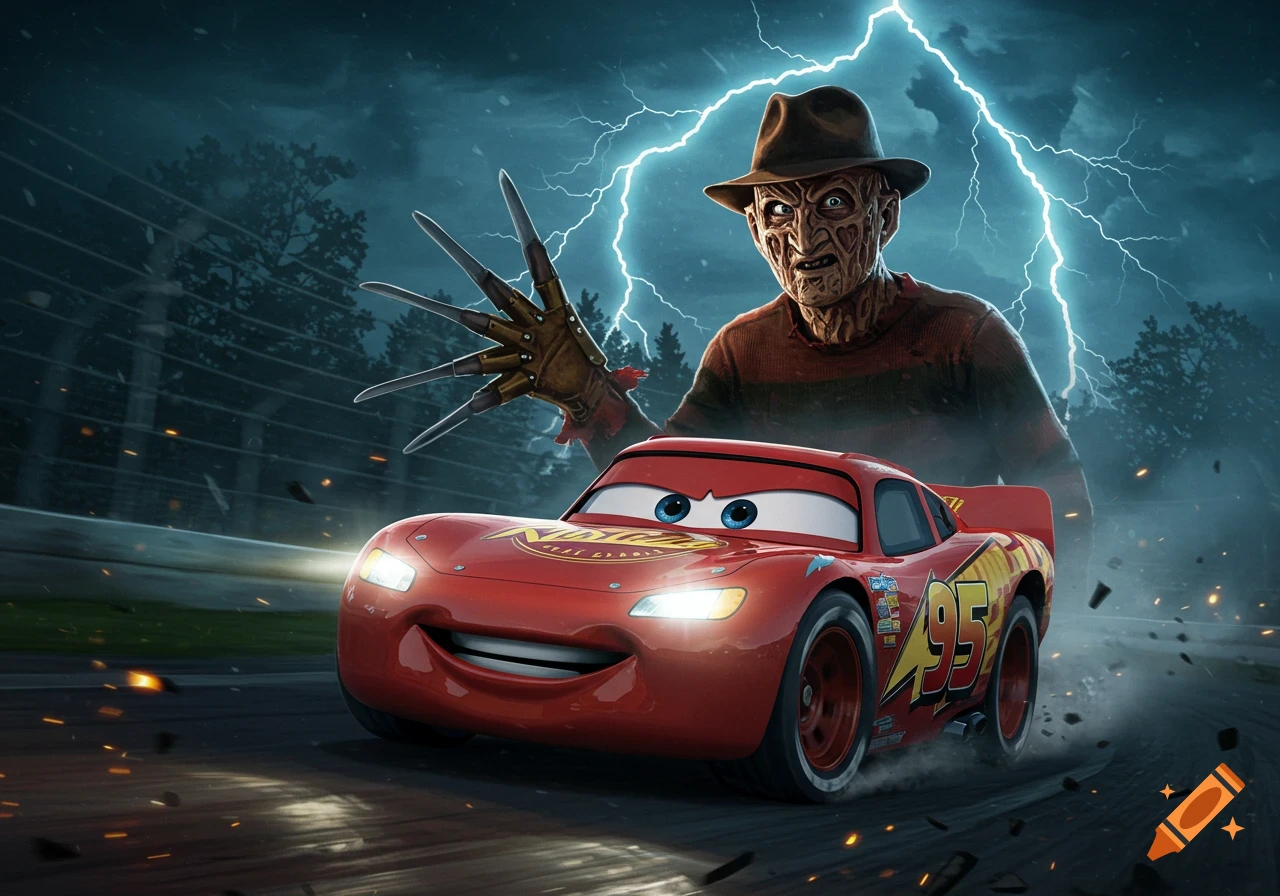 Lightning McQueen races away from Freddy Krueger under a stormy, lightning-filled sky. Freddy's clawed hand looms over McQueen.