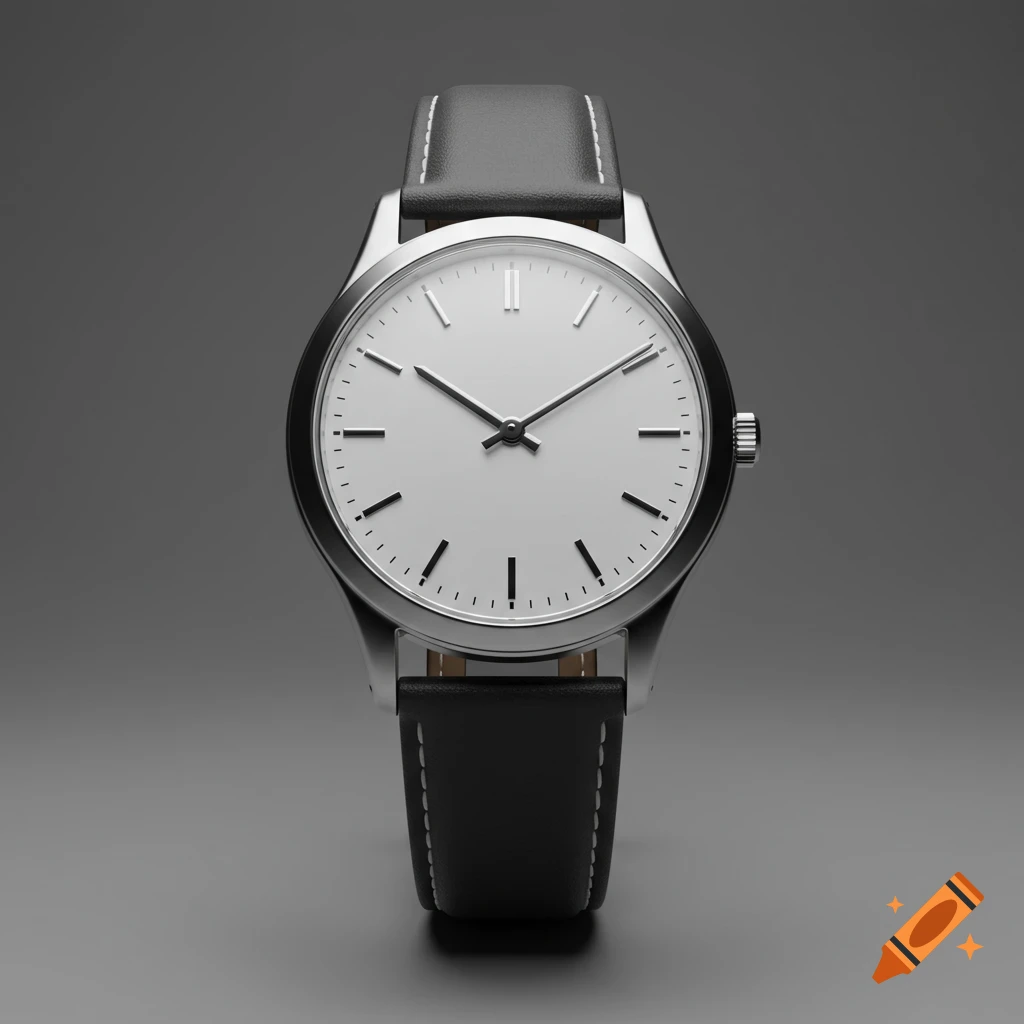 A silver wristwatch with a white face, black hands, and a black leather strap, against a plain gray background.