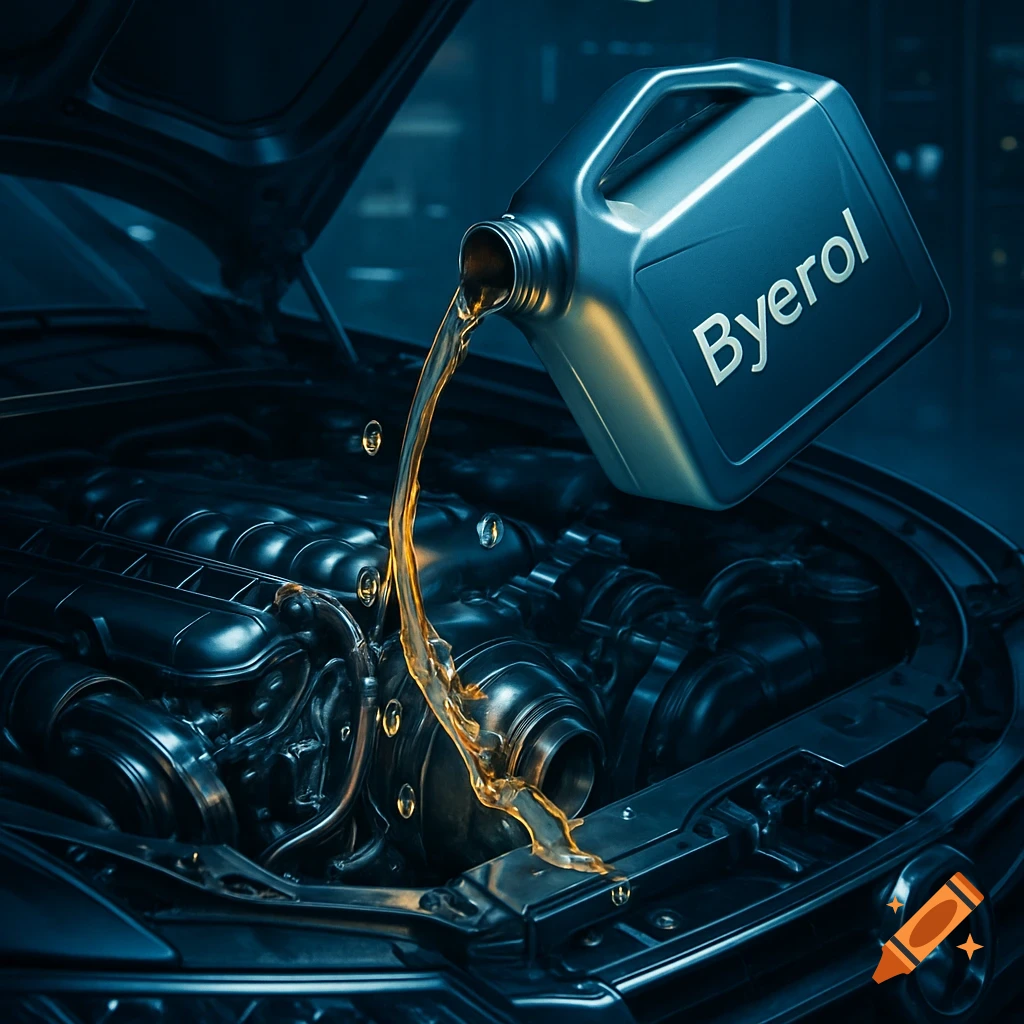 Photorealistic image of motor oil being poured from a blue carton labeled 'Byerol' into a car engine.