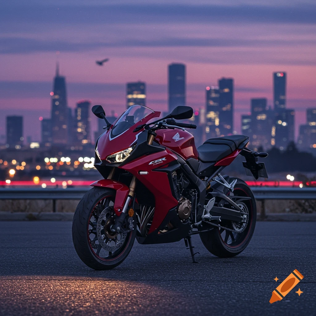 Red Honda CBR motorcycle parked on an asphalt road with a blurred city skyline at dusk.