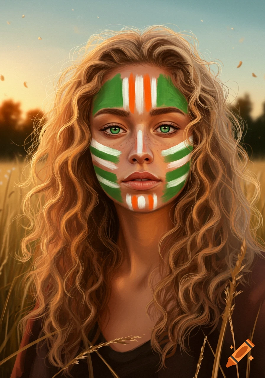Young woman with curly blonde hair, green eyes, and green, white, and orange vertical face paint in a field at sunset.