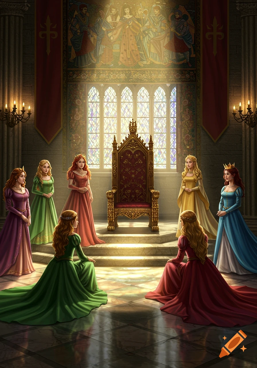 Seven princesses in colorful gowns gather in a grand throne room, two kneeling before an empty golden throne.