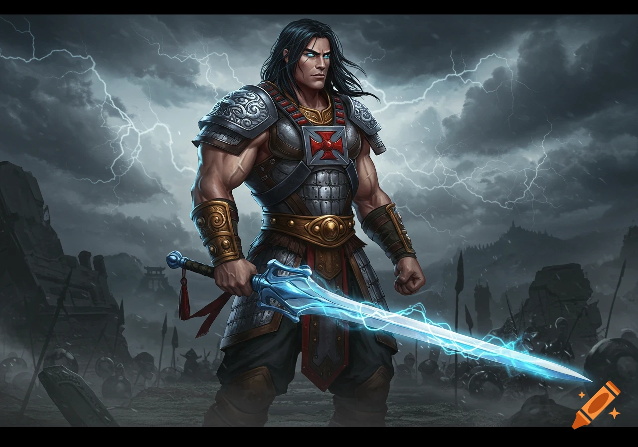 A muscular warrior with a glowing blue sword stands on a battleground under a stormy, lightning-filled sky.