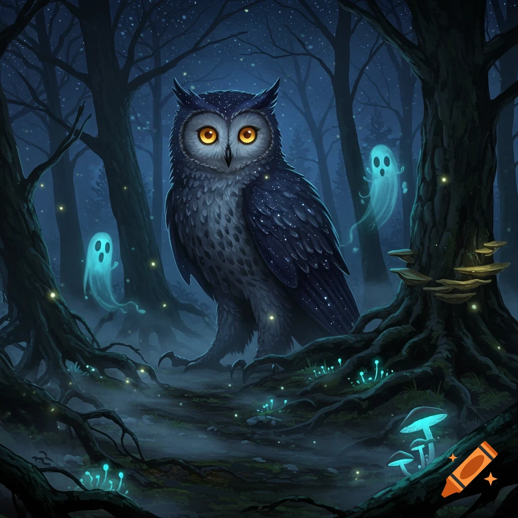 A stylized owl with glowing orange eyes stands in a dark, misty forest with glowing mushrooms and friendly blue ghosts.