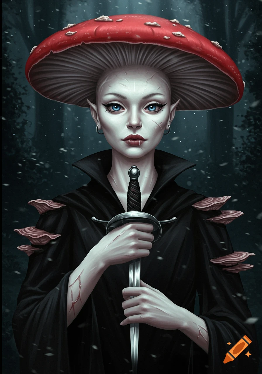 Pale-skinned mushroom woman with blue eyes and scars, wearing a black cloak with mushroom growths, holding a rapier in a snowy forest. Digital art.