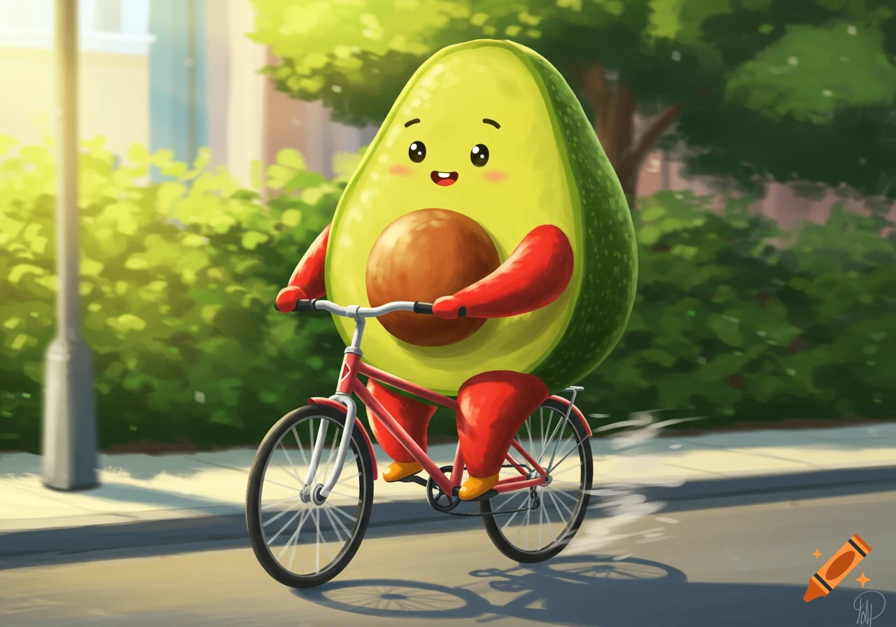 A happy cartoon avocado character with red arms and legs rides a red bicycle down a sunny street with green bushes.