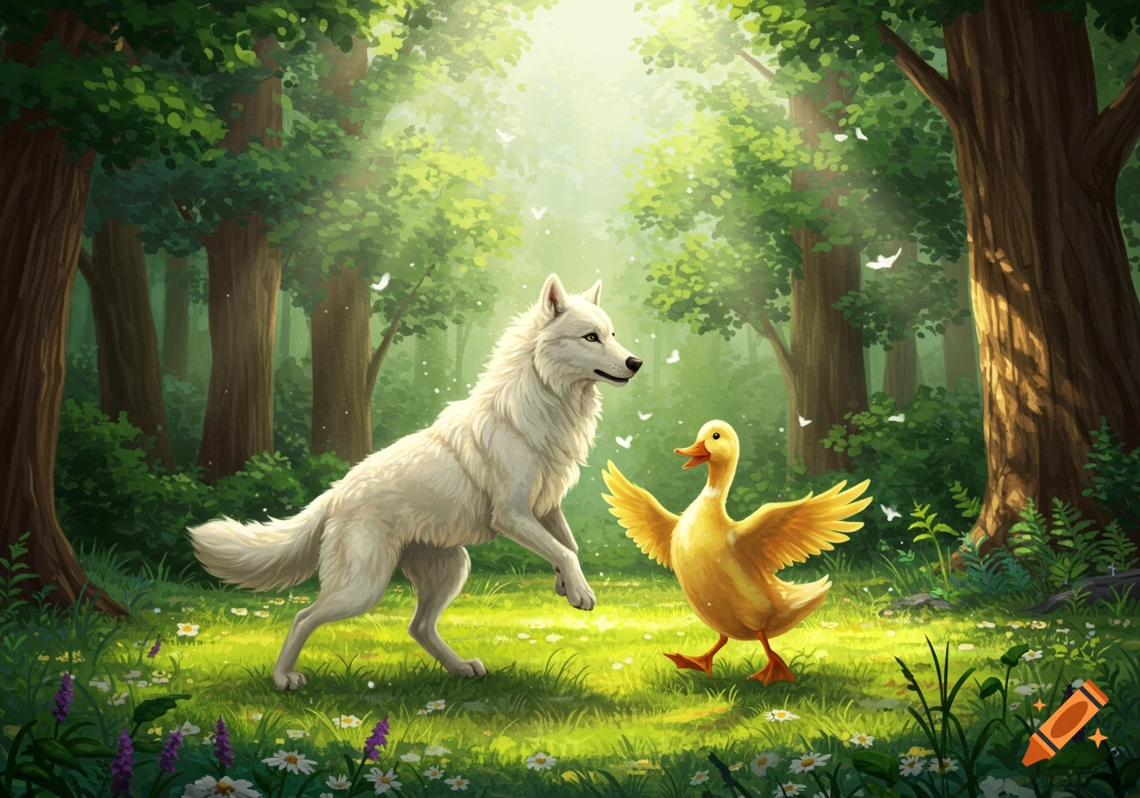 A white wolf and a yellow duck stand playfully in a sunlit fantasy forest clearing with wildflowers, digital illustration.