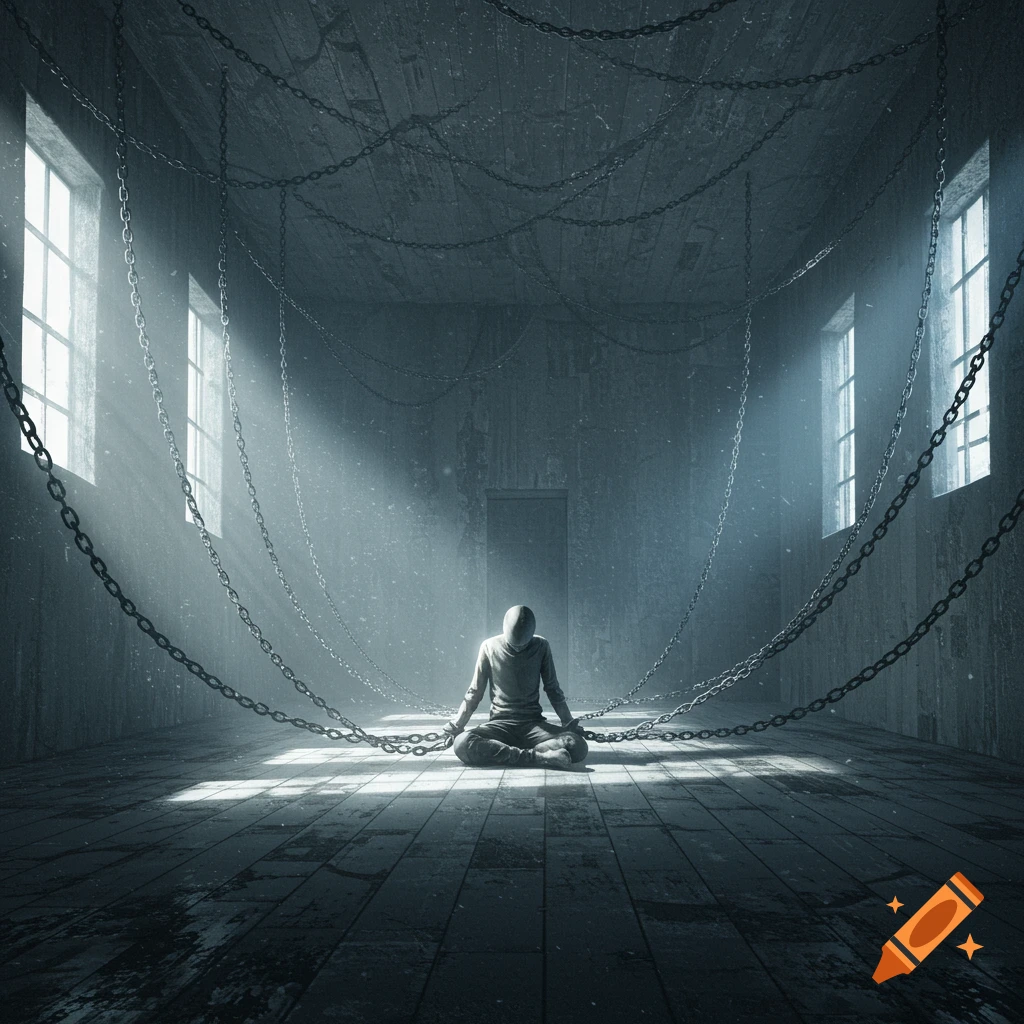 A hooded figure sits meditatively on a dark floor, surrounded by chains in a bleak, light-streaked room.