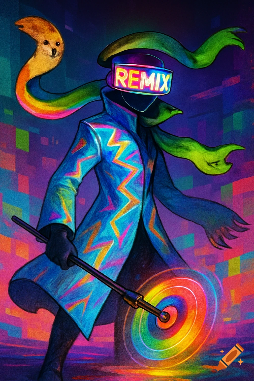 Vibrant digital art of a futuristic character in a colorful coat, 'REMIX' visor, rainbow scarf with a Doge head, and staff spinning rainbow discs.