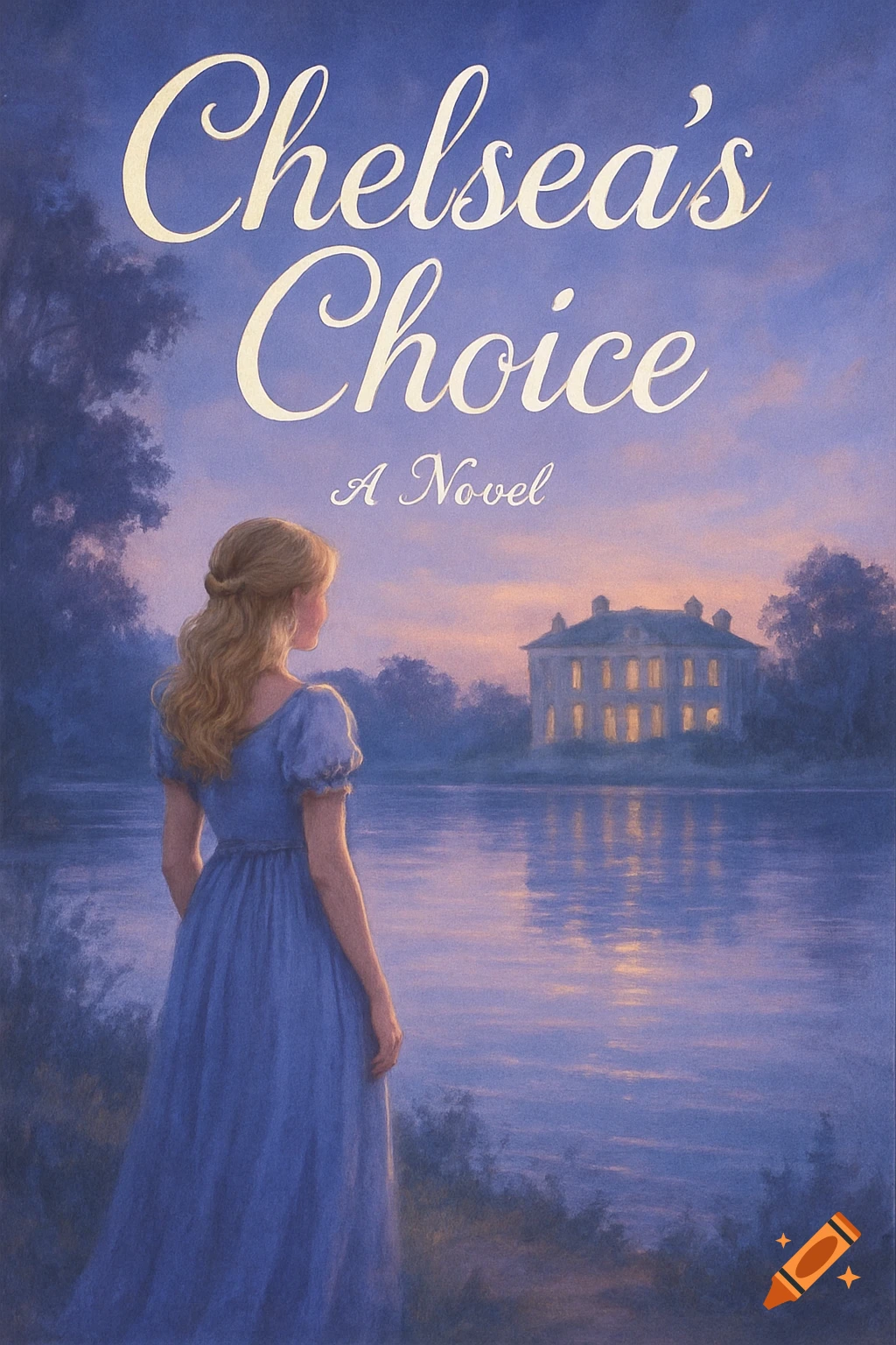 A romantic book cover art featuring a woman in a blue dress by a lake, looking at a distant mansion at twilight. Text reads "Chelsea's Choice, A Novel".