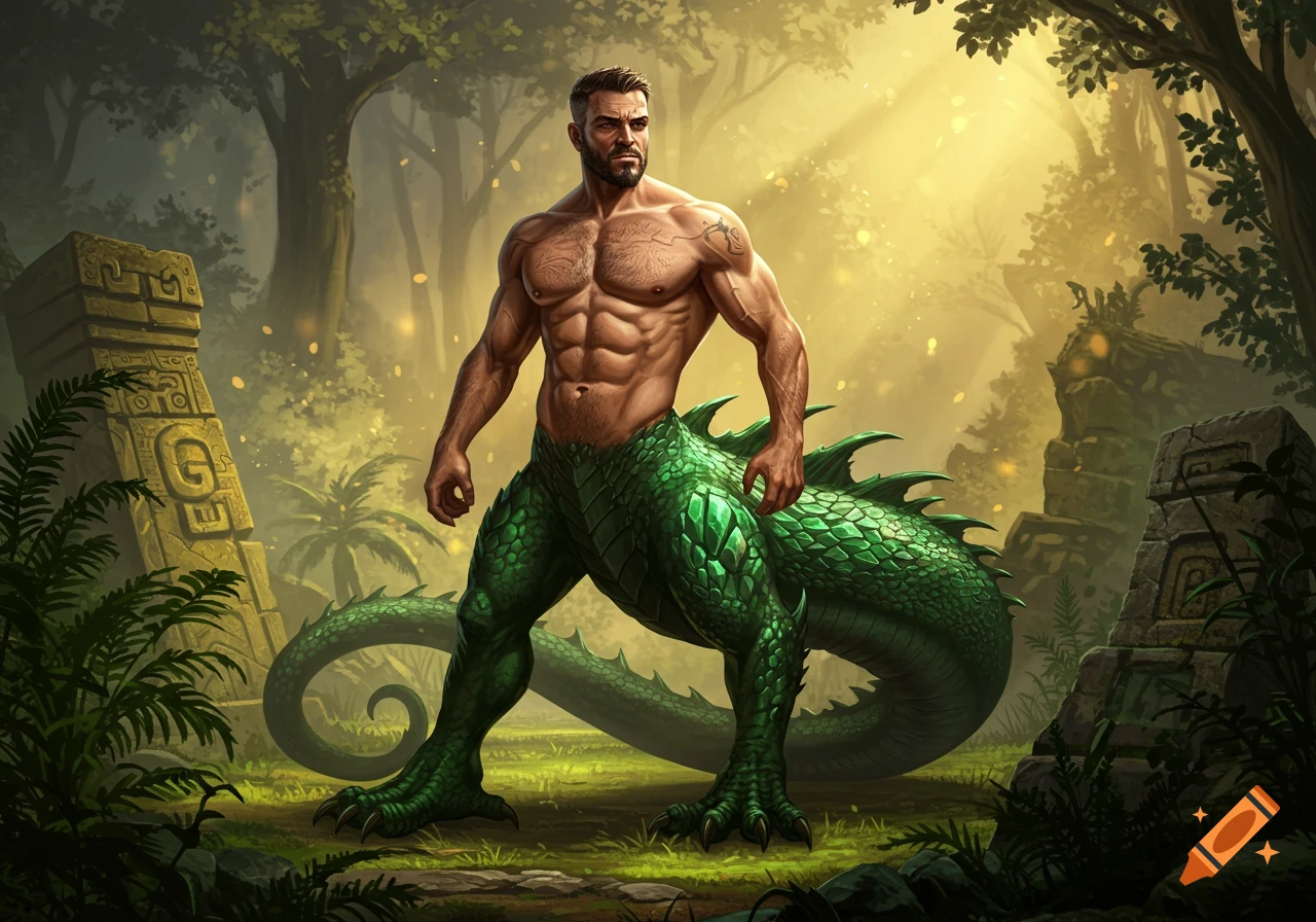 Muscular male human with green scaly dragon legs and tail stands in a lush jungle with ancient ruins.