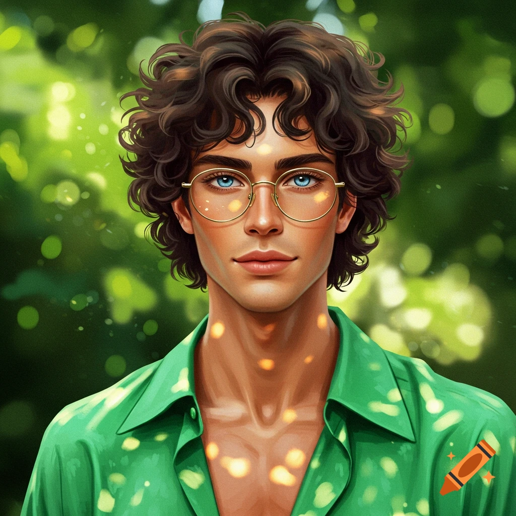 A stylized portrait of a young man with curly dark brown hair, blue eyes, and round glasses, wearing a green shirt, against a bright green bokeh background.