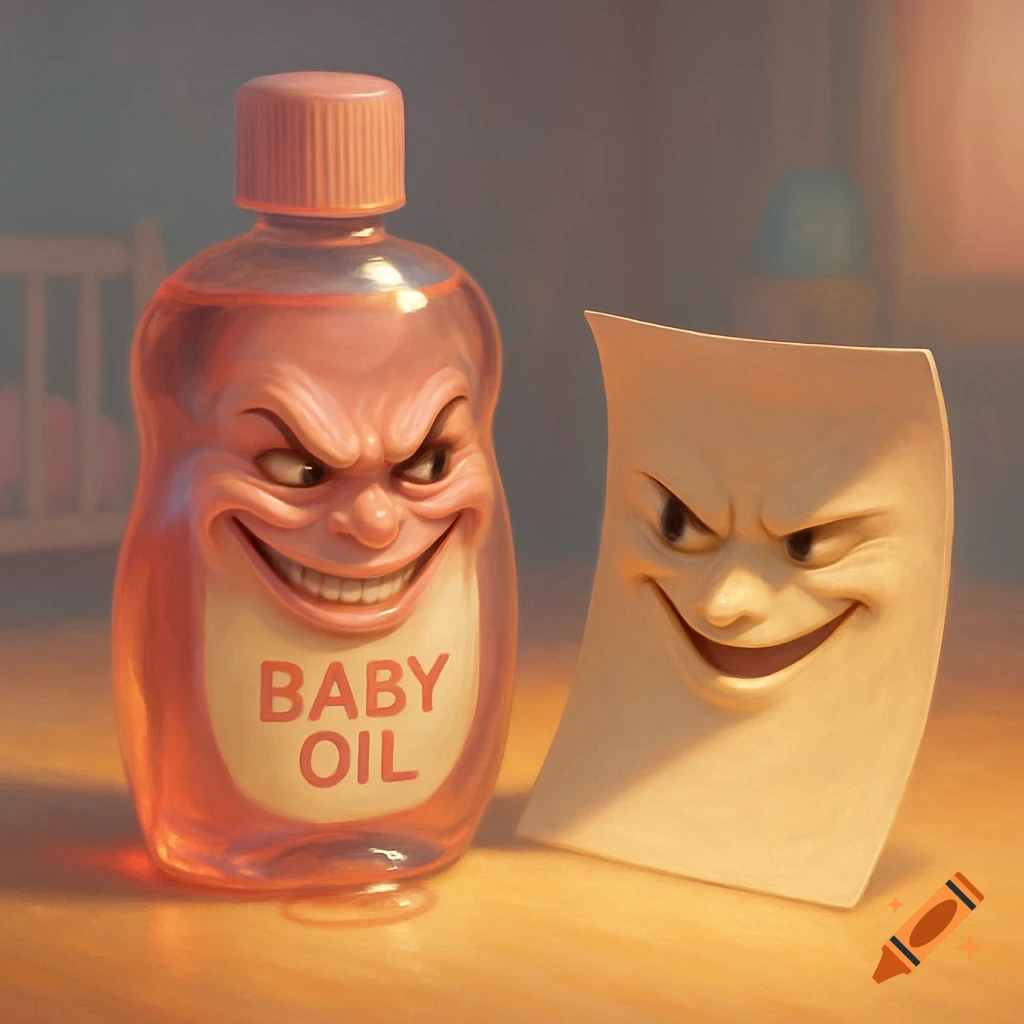 A cartoonish baby oil bottle and a piece of paper, both with evil smiling faces, stand on a wooden surface.