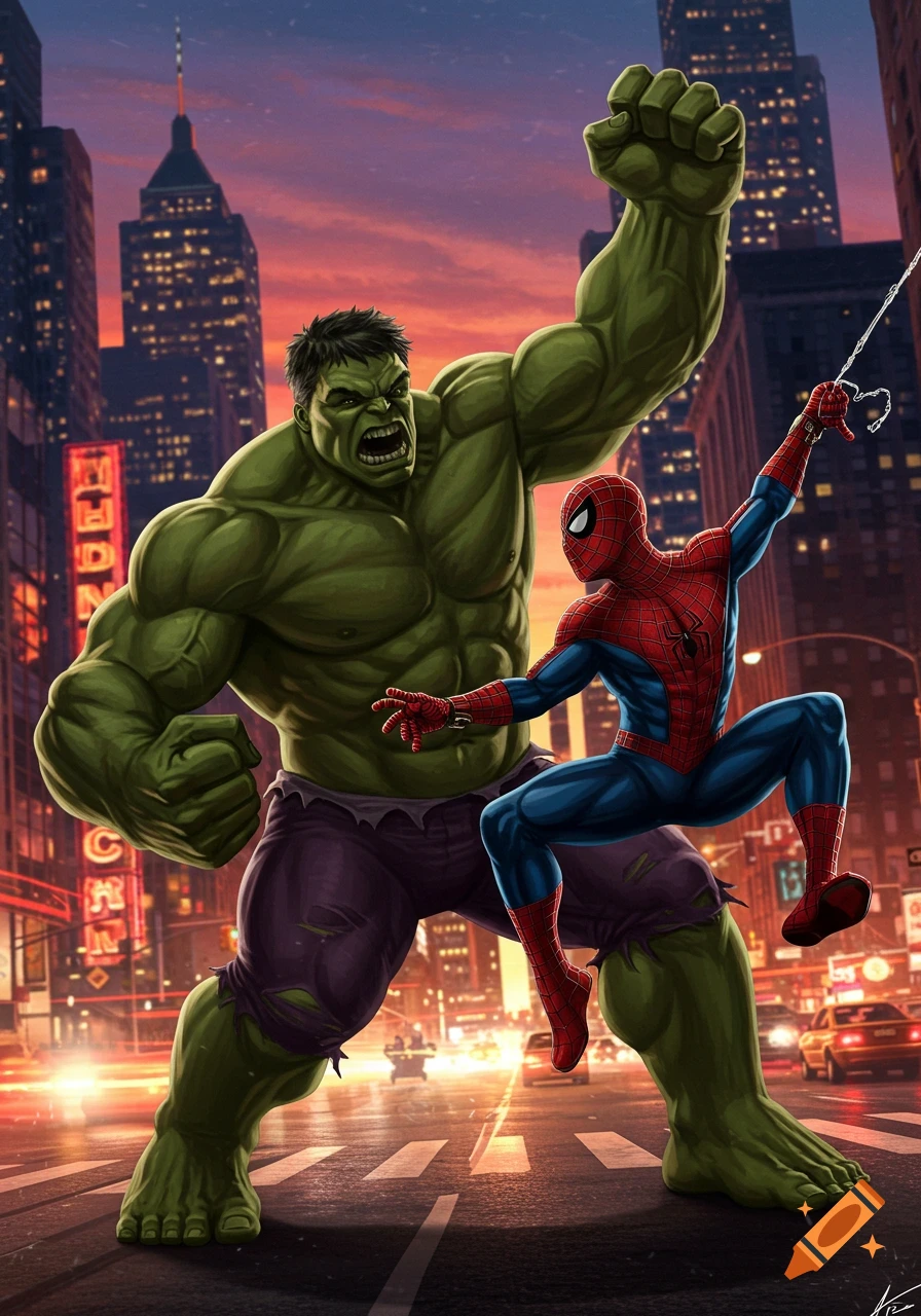 Hulk with a raised fist and Spider-Man swinging on a web over a city street at sunset, in a vibrant comic art style.