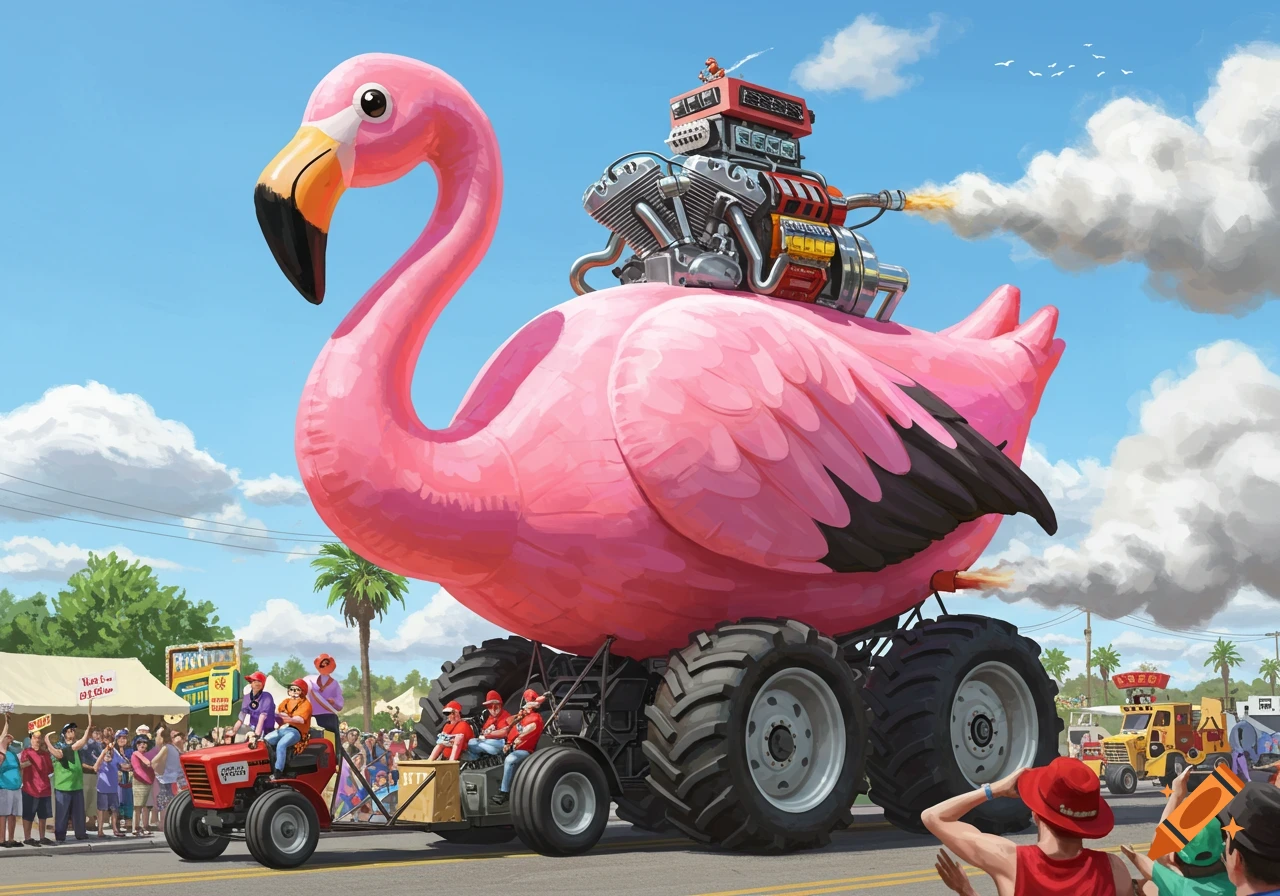 A giant pink inflatable flamingo, powered by a massive engine and monster truck wheels, spews smoke in a parade as people watch.