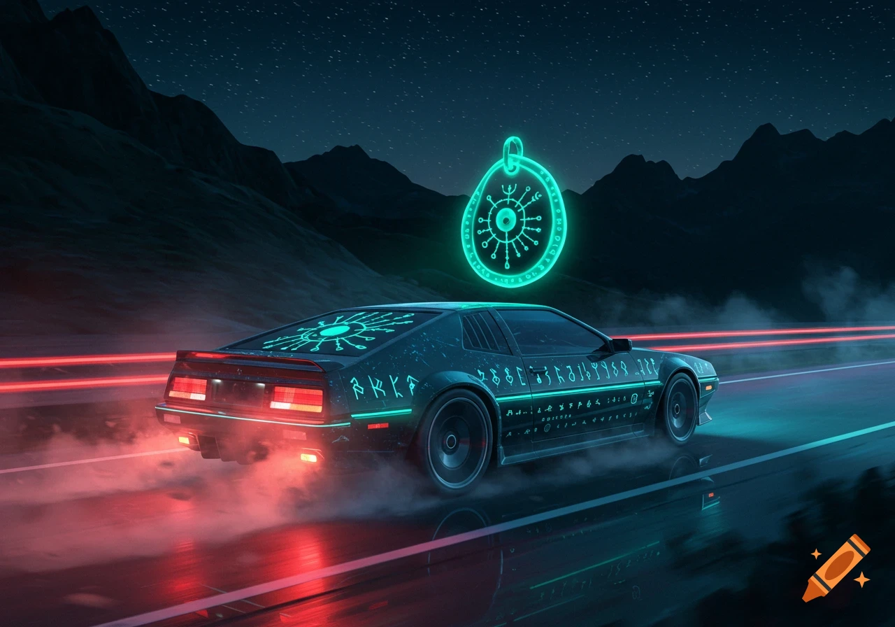 A futuristic car with glowing neon symbols on its body speeds down a dark highway at night, leaving red light trails.