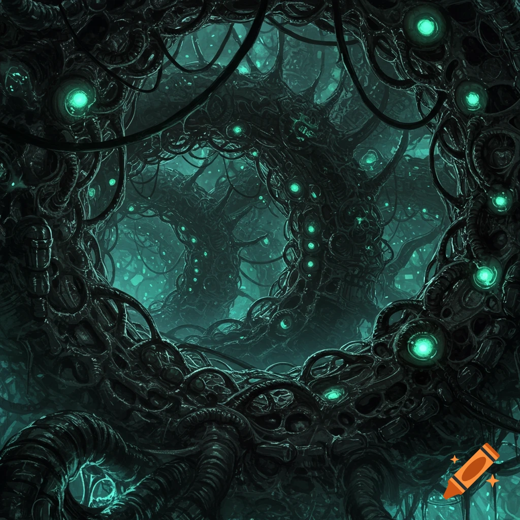 A dark, intricate Giger-style biomechanical labyrinth with glowing green lights, rendered in a detailed sci-fi horror art style.